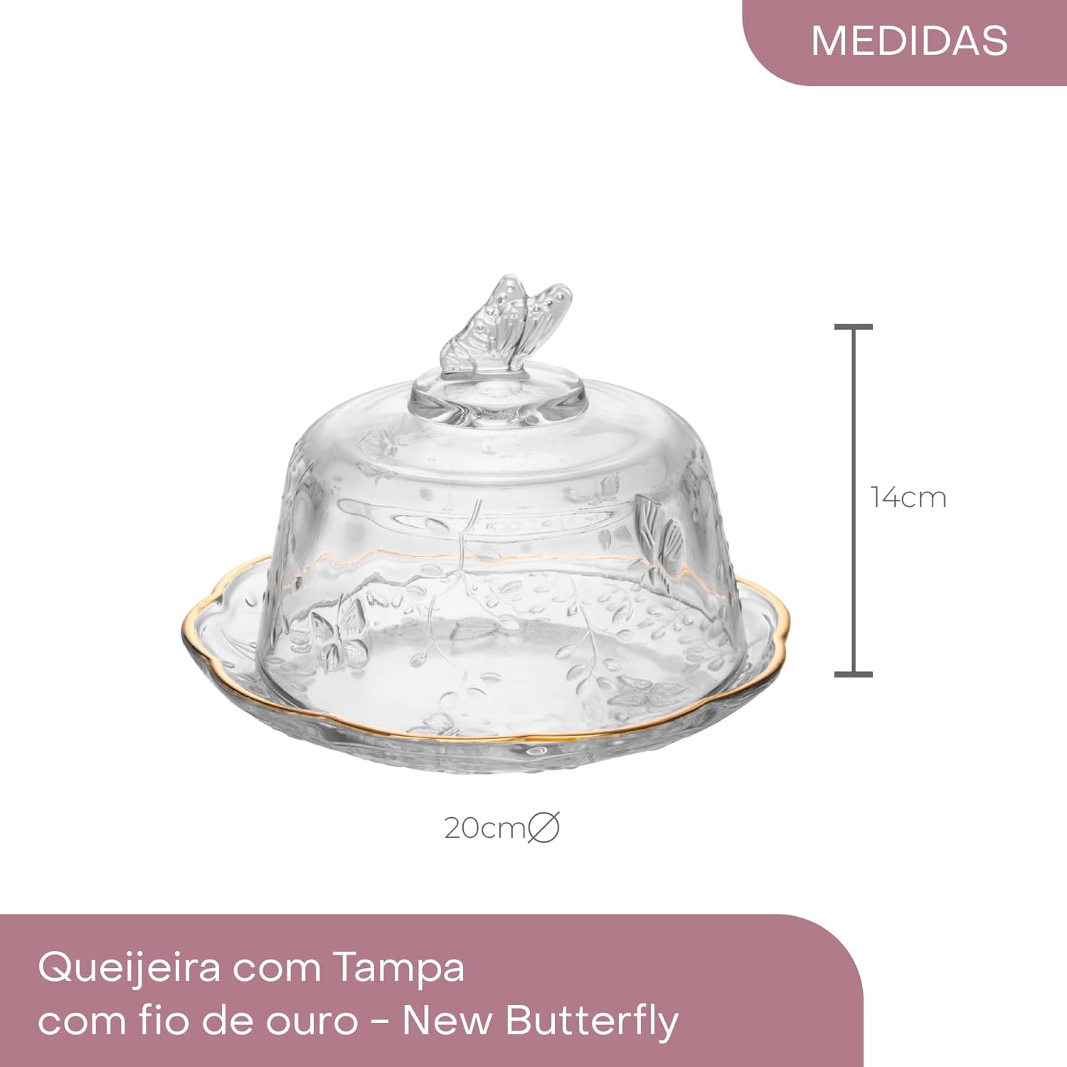 LYOR - Queijeira com Tampa New Butterfly com Fio de Ouro 19,5cm x 12,5cm Cristal Ecológico