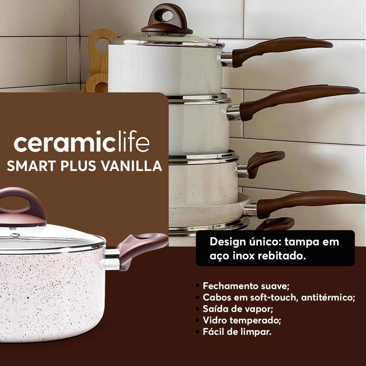 Brinox - Jogo de Panelas Antiaderente Ceramic Life 6 Peças Smart Plus - Vanilla