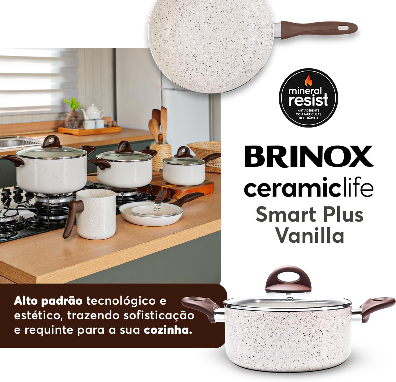 Brinox - Jogo de Panelas Antiaderente Ceramic Life 6 Peças Smart Plus - Vanilla