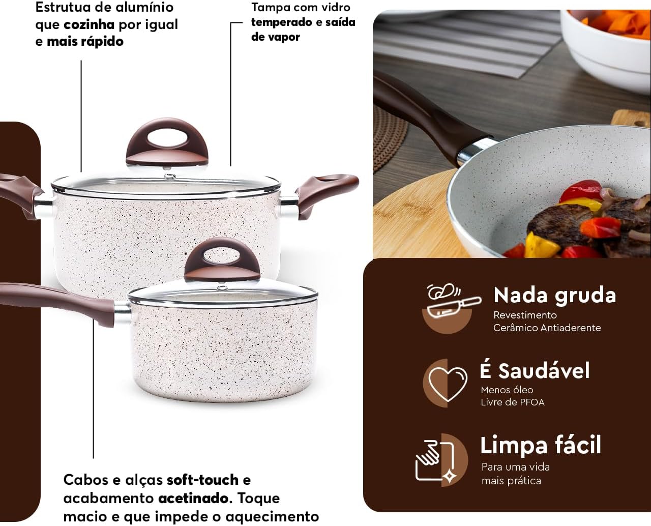 Brinox - Jogo de Panelas Antiaderente Ceramic Life 6 Peças Smart Plus - Vanilla