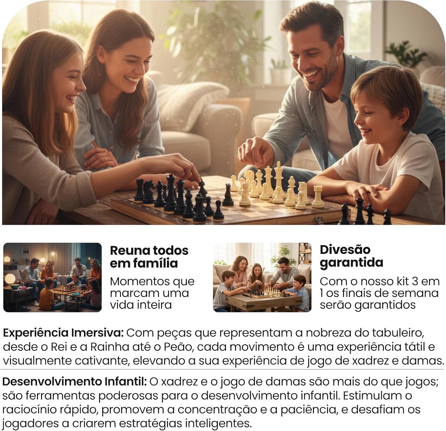 Jogo 3 em 1 Xadrez, Damas e Gamão com Tabuleiro Dobrável 24 cm