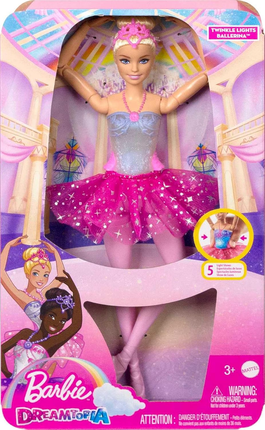 Barbie Fantasia Boneca Bailarina Luzes Brilhantes Rosa para crianças a partir de 3 anos