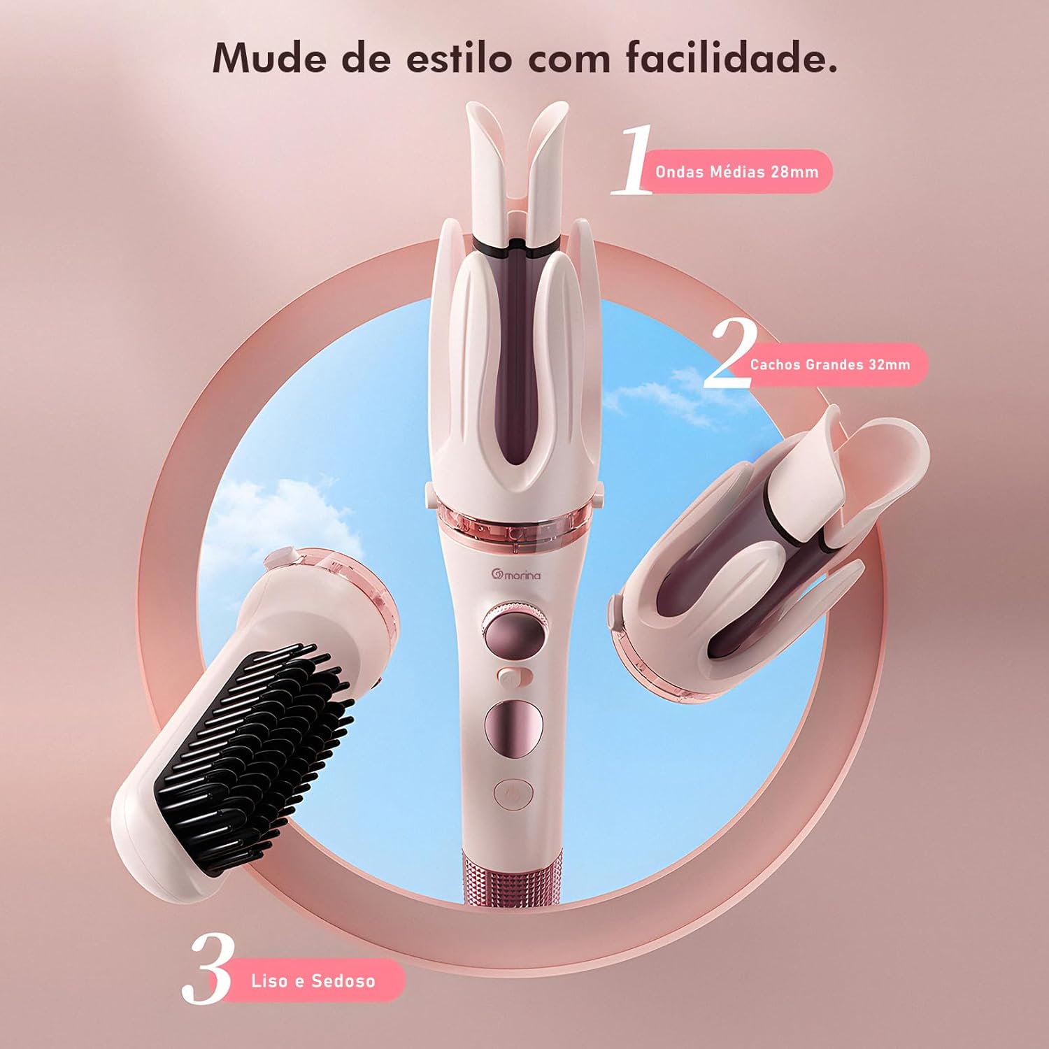 Modelador de Cachos Automático 3 em 1 (28/32 mm) com Escova Alisadora, Display LCD, 4 Temperaturas, Revestimento Cerâmico com Íons Negativos, Aquecimento Rápido, Desligamento Automático