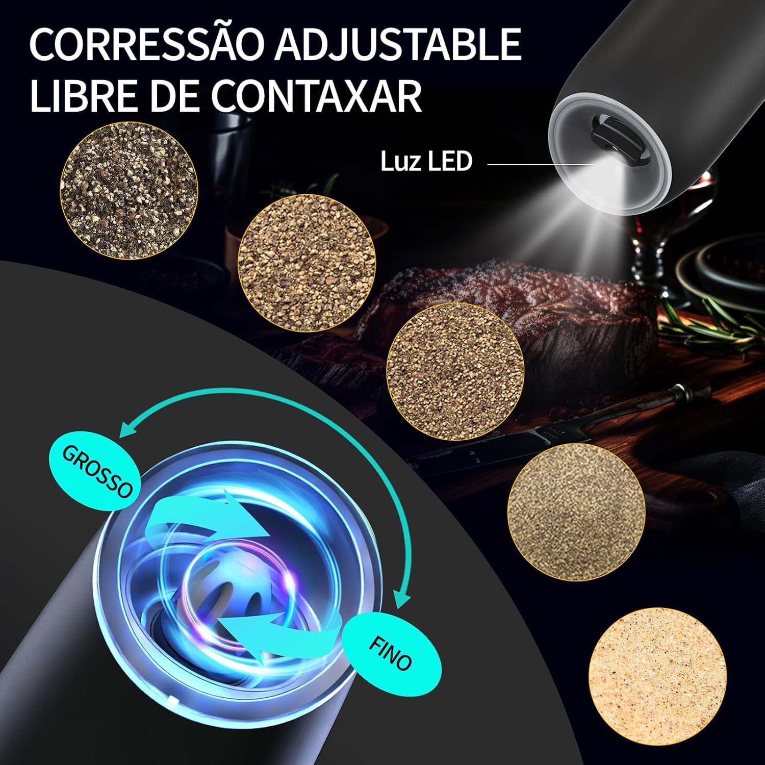 Moedor de Pimenta Elétrico Recarregável via USB