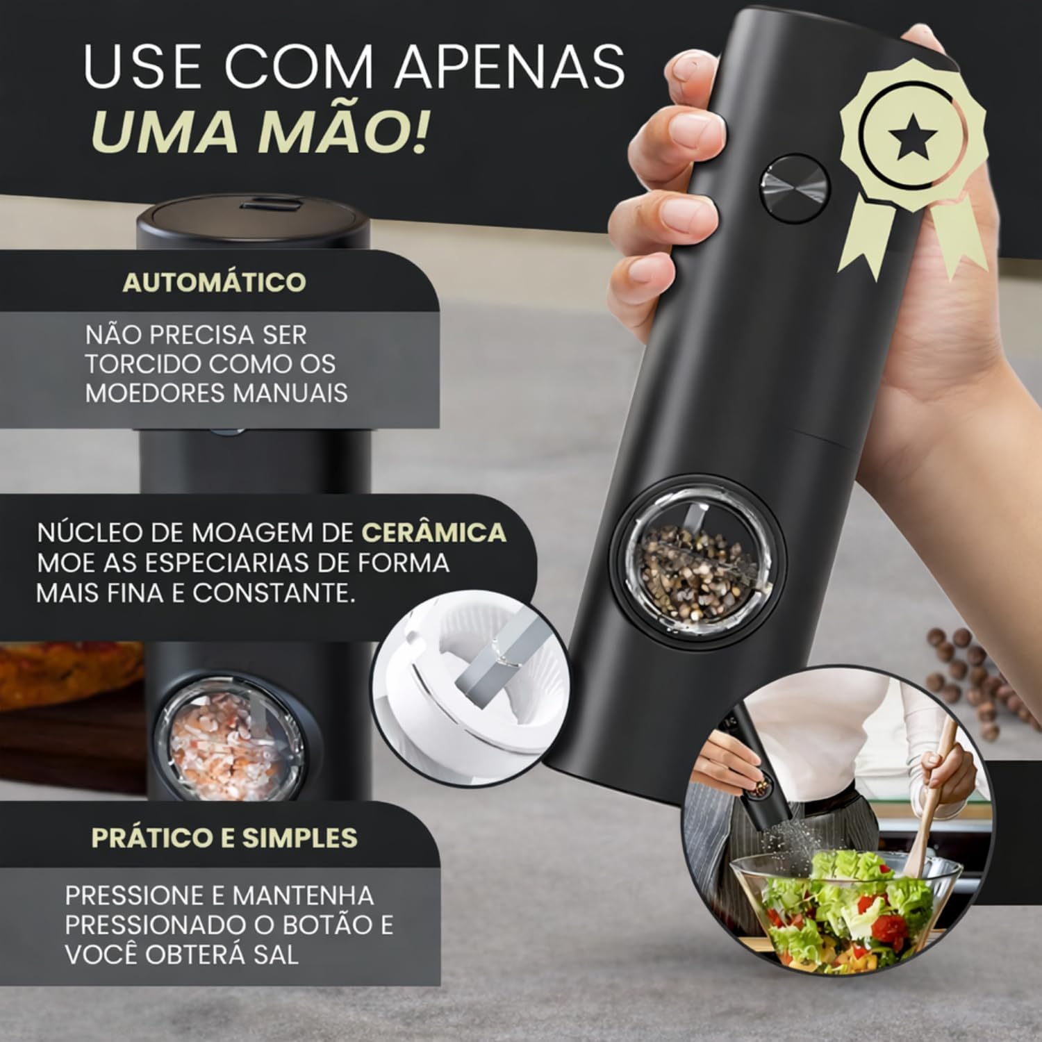 Moedor Elétrico de Sal e Pimenta com Acionamento por Toque e Luz LED