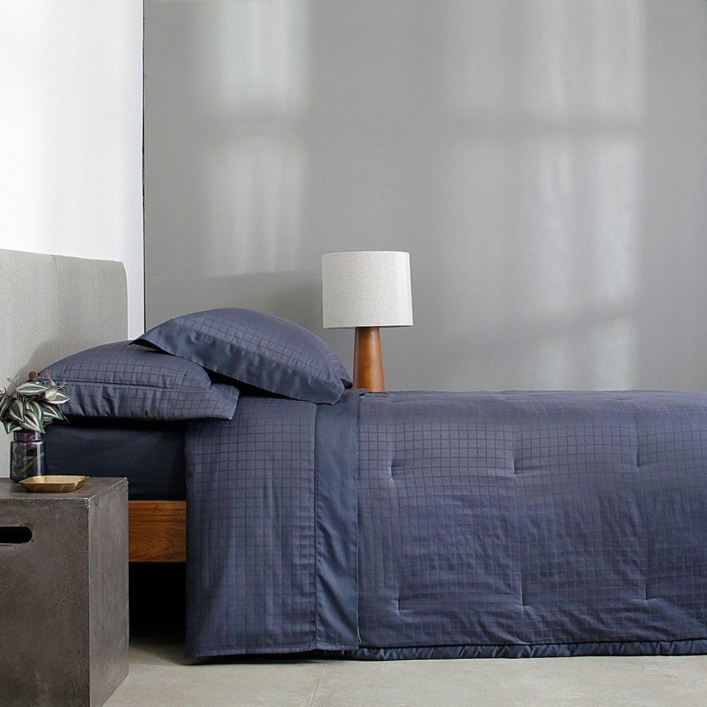 Buddemeyer Jogo de Cama Solteiro Cetim 300 Fios Damask Square 100% Algodão Penteado Azul 3 peças