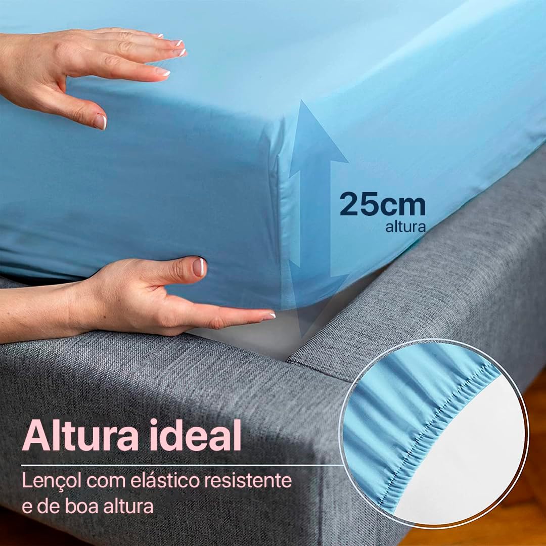 Jogo de Lençol Casal Percal Flex- 3 Peças - 200 Fios - com Ponto Palito - Super Macio - Resistente (Azul Claro, Casal)