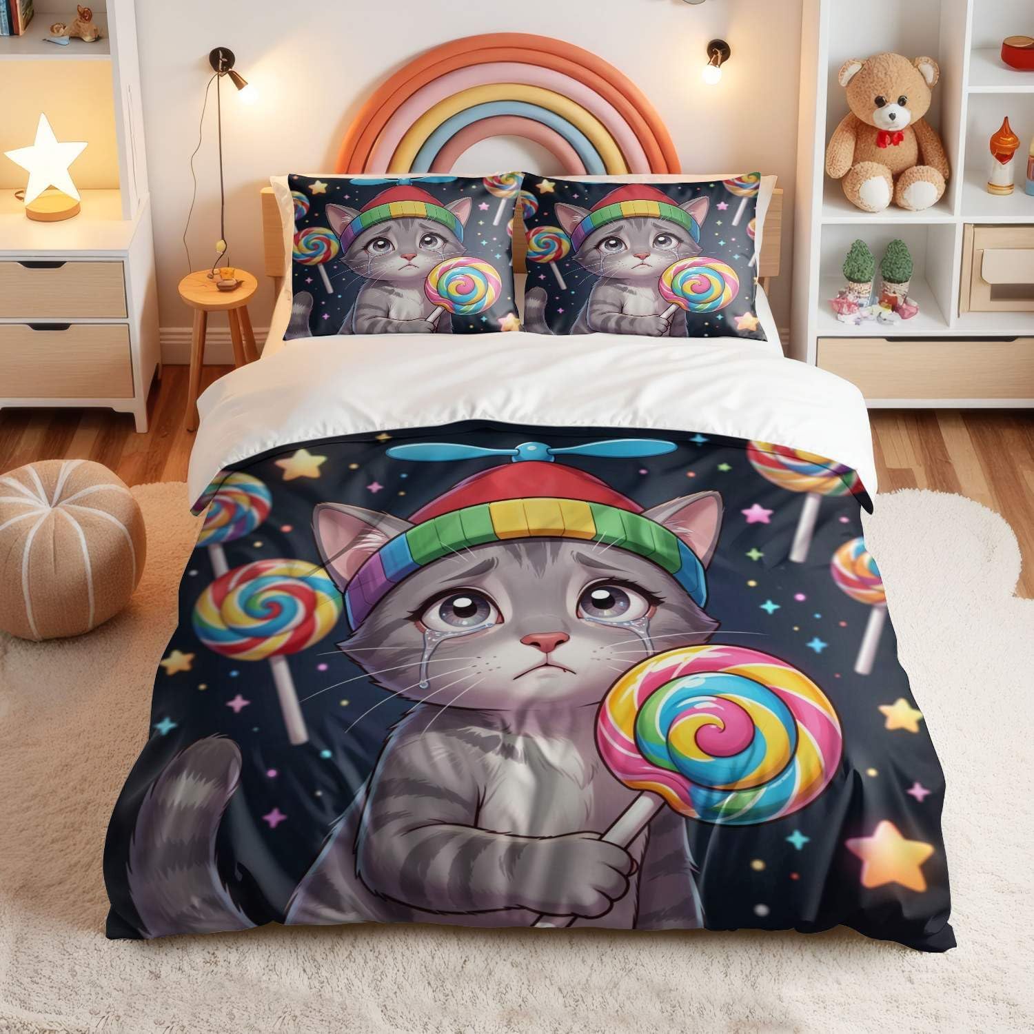 Jogo de Cama Estampa de Gatos Impressão Digital 3D Fundo Branco