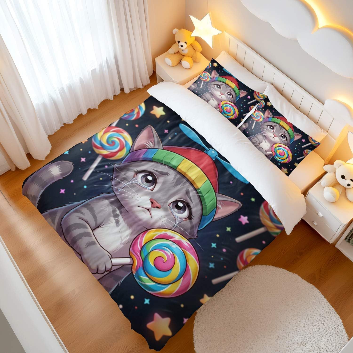Jogo de Cama Estampa de Gatos Impressão Digital 3D Fundo Branco