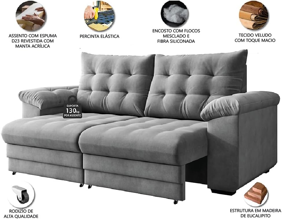 Sofá Retrátil e Reclinável Bipartido 3 Lugares 2,30m Suede Veludo Coliseu Selmer (Cinza)