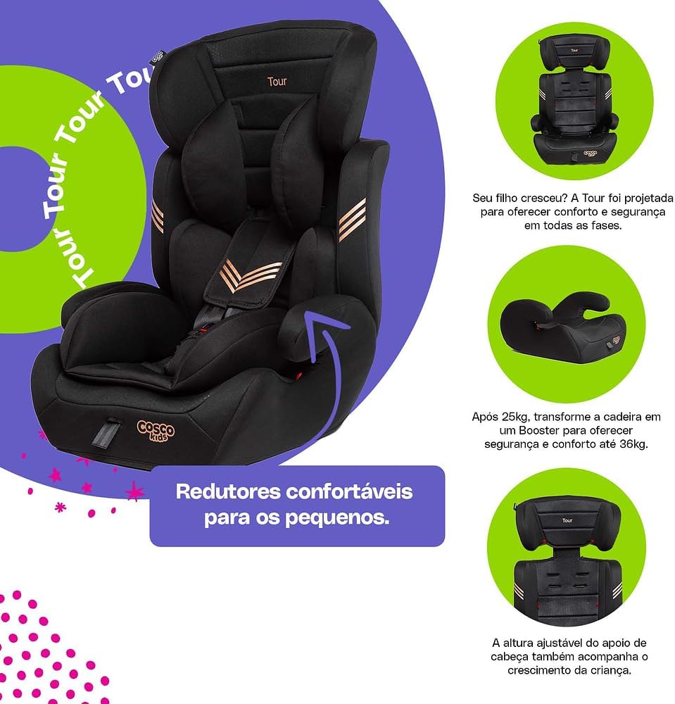 Cadeirinha Cosco Kids, Tour, 9 a 36 Kg, Preto Bronze