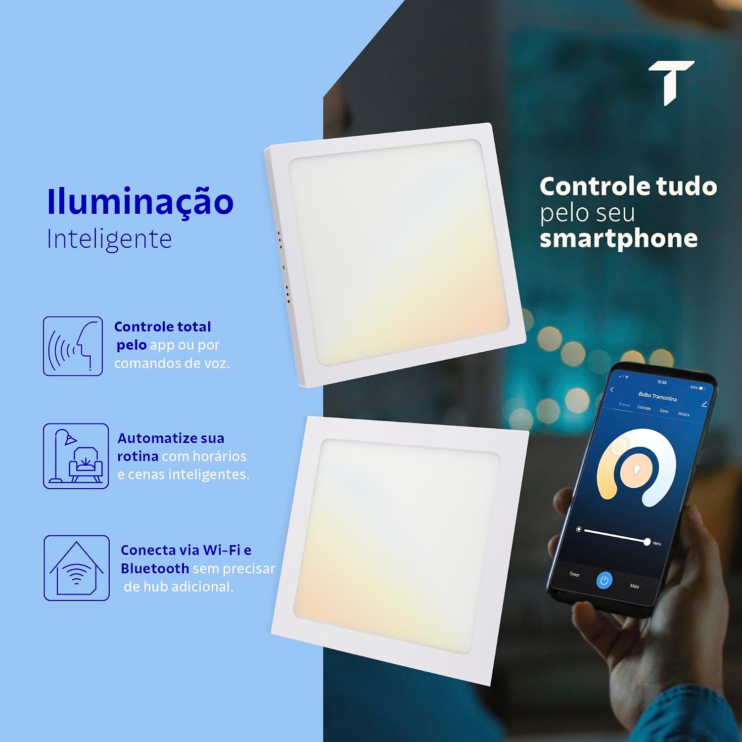 Tramontina Plafon Smart​ LED Quadrado de Sobrepor 18W Inteligente Wi-Fi + Bluetooth​ e função de geolocalização - Compatível com Alexa e Google Assistente