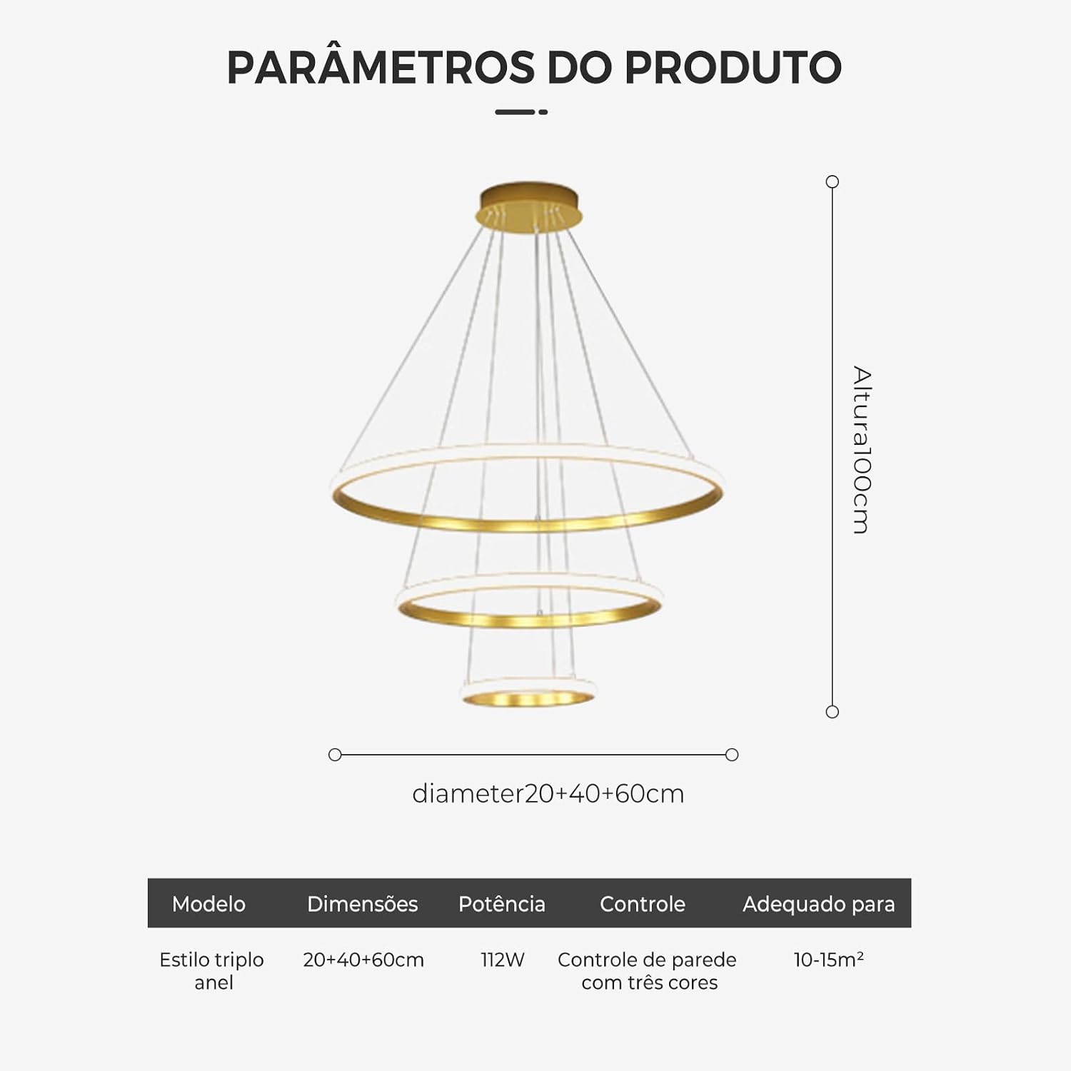 Luminária Pendente 3 Anéis em Ferro com Temperatura de Cor Ajustável