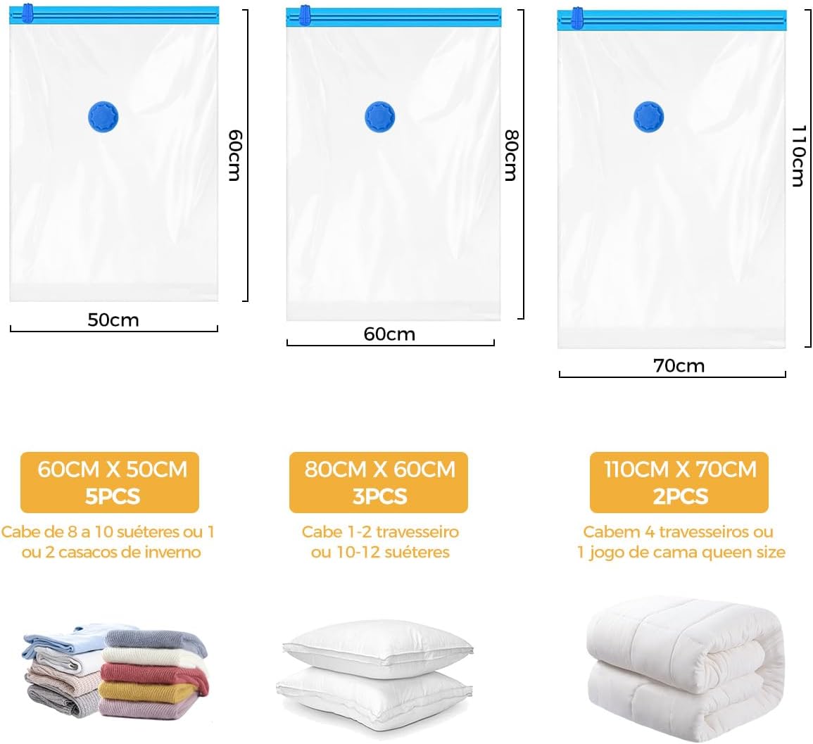 Kit 10 Sacos de Armazenamento a Vácuo em 3 Tamanhos