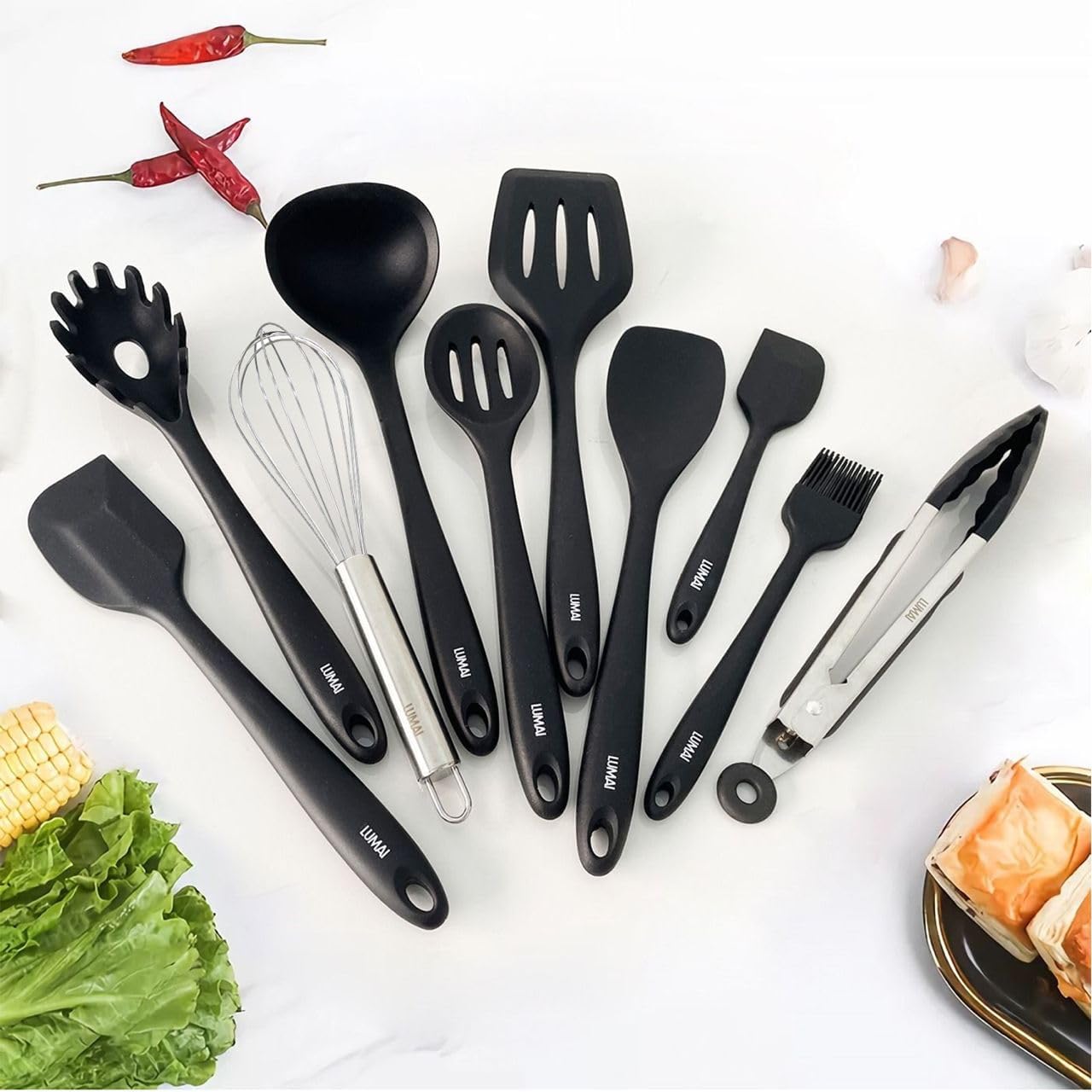 Kit 10 Utensílios de Cozinha LUMAI em Silicone e Aço Inox, Resistentes ao Calor, Antirriscos, com Espátula, Pegador, Concha e Colher, Preto