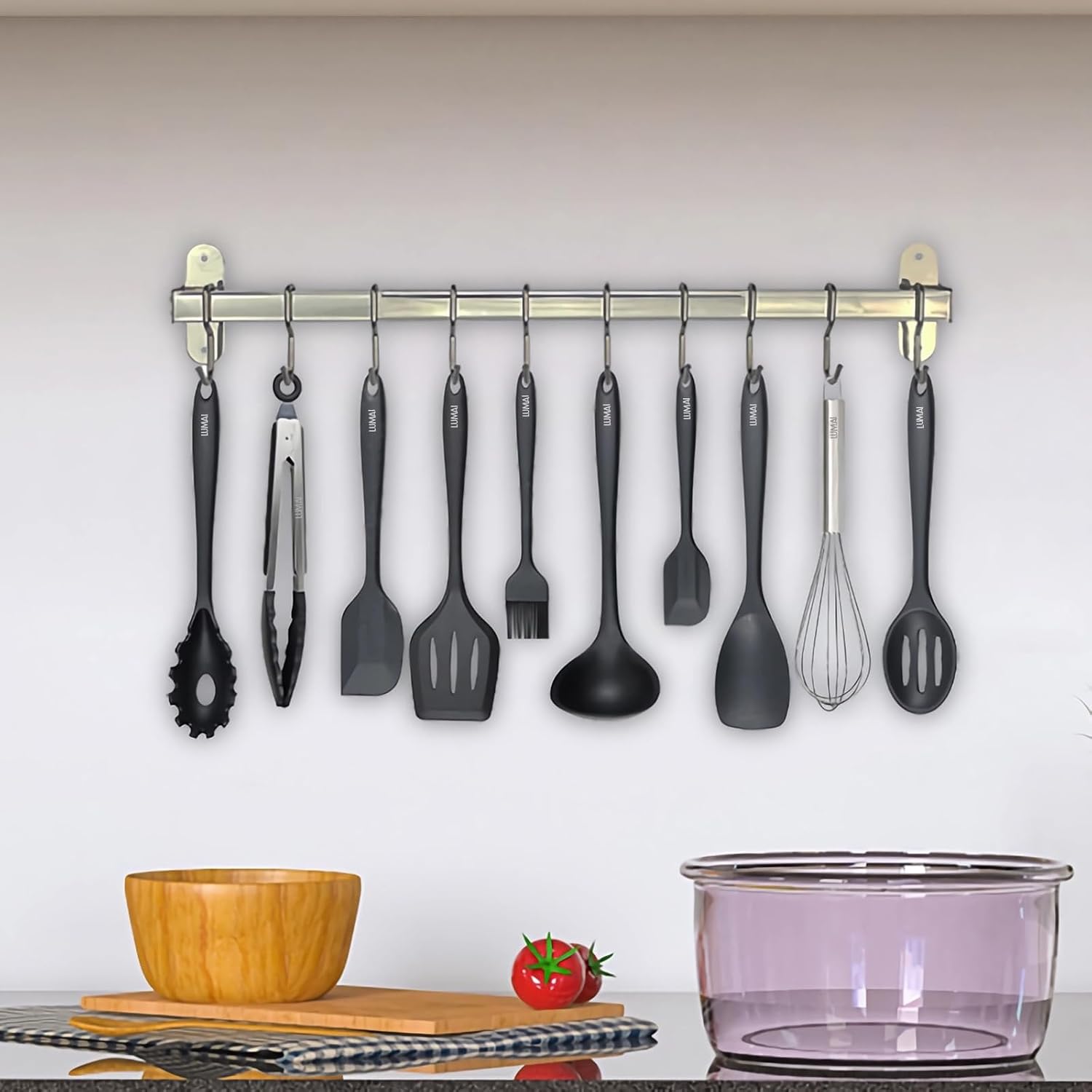 Kit 10 Utensílios de Cozinha LUMAI em Silicone e Aço Inox, Resistentes ao Calor, Antirriscos, com Espátula, Pegador, Concha e Colher, Preto