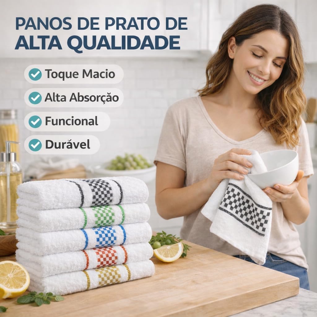 Panos de Prato Kit 5 Peças Branco Xadrez Colorido Alta Absorção