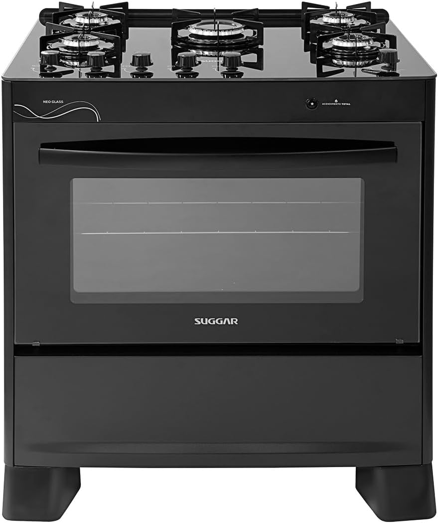 SUGGAR FOGÃO NEO GLASS PRETO MESA DE VIDRO 5 BOCAS TREMPE 6 APOIOS ACENDIMENTO AUTOMÁTICO FGVNG510PT
