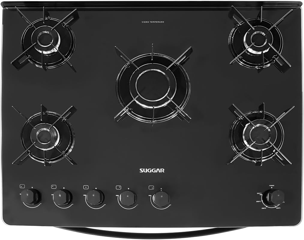 SUGGAR FOGÃO NEO GLASS PRETO MESA DE VIDRO 5 BOCAS TREMPE 6 APOIOS ACENDIMENTO AUTOMÁTICO FGVNG510PT