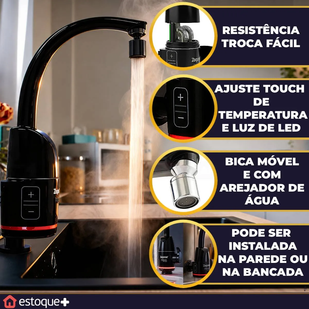 Torneira Elétrica Zagonel Prima Touch Parede E Bancada Preta